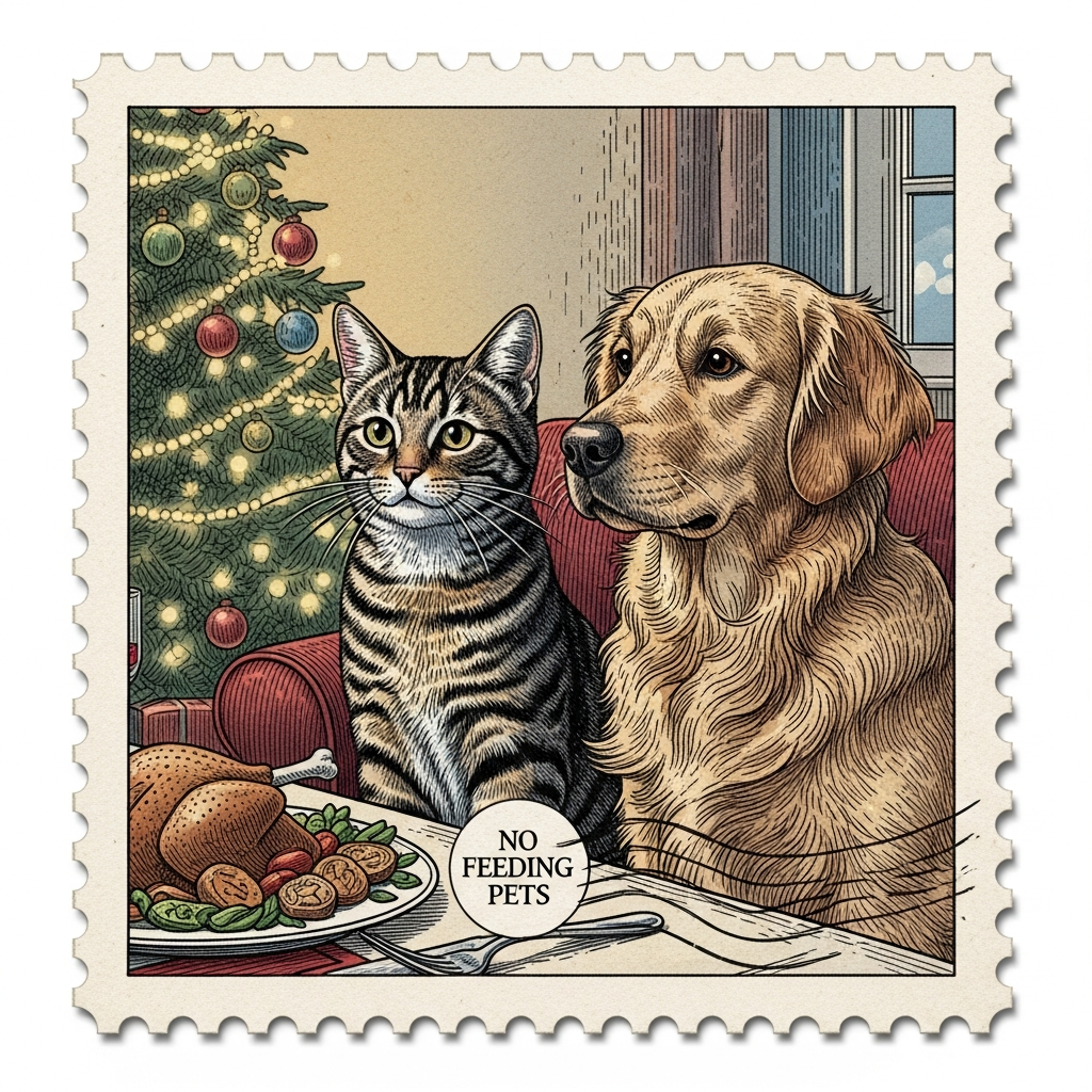 Przy świątecznym stole siedzi kot i pies w tyle znajduje się ubrana choinka.