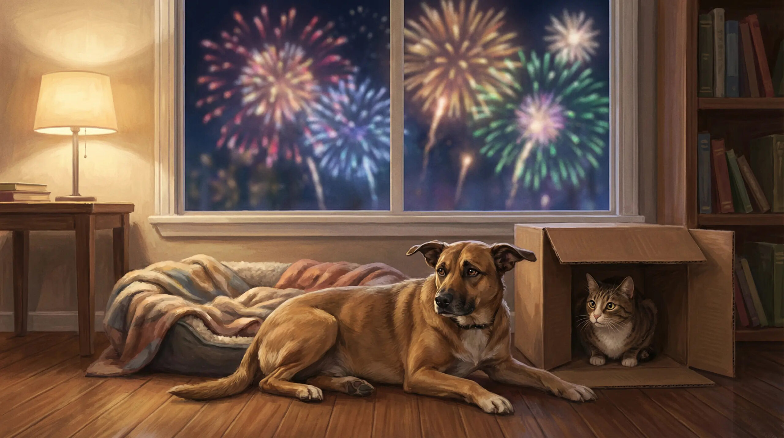 Pies średniej wielkości leży przytulony do legowiska, kot siedzi obok w kartonowej kryjówce, oba zwierzęta wyglądają na czujne, lekko zestresowane, ale bez dramatycznych emocji. W tle widoczne przez okno rozmyte światła fajerwerków na nocnym niebie.