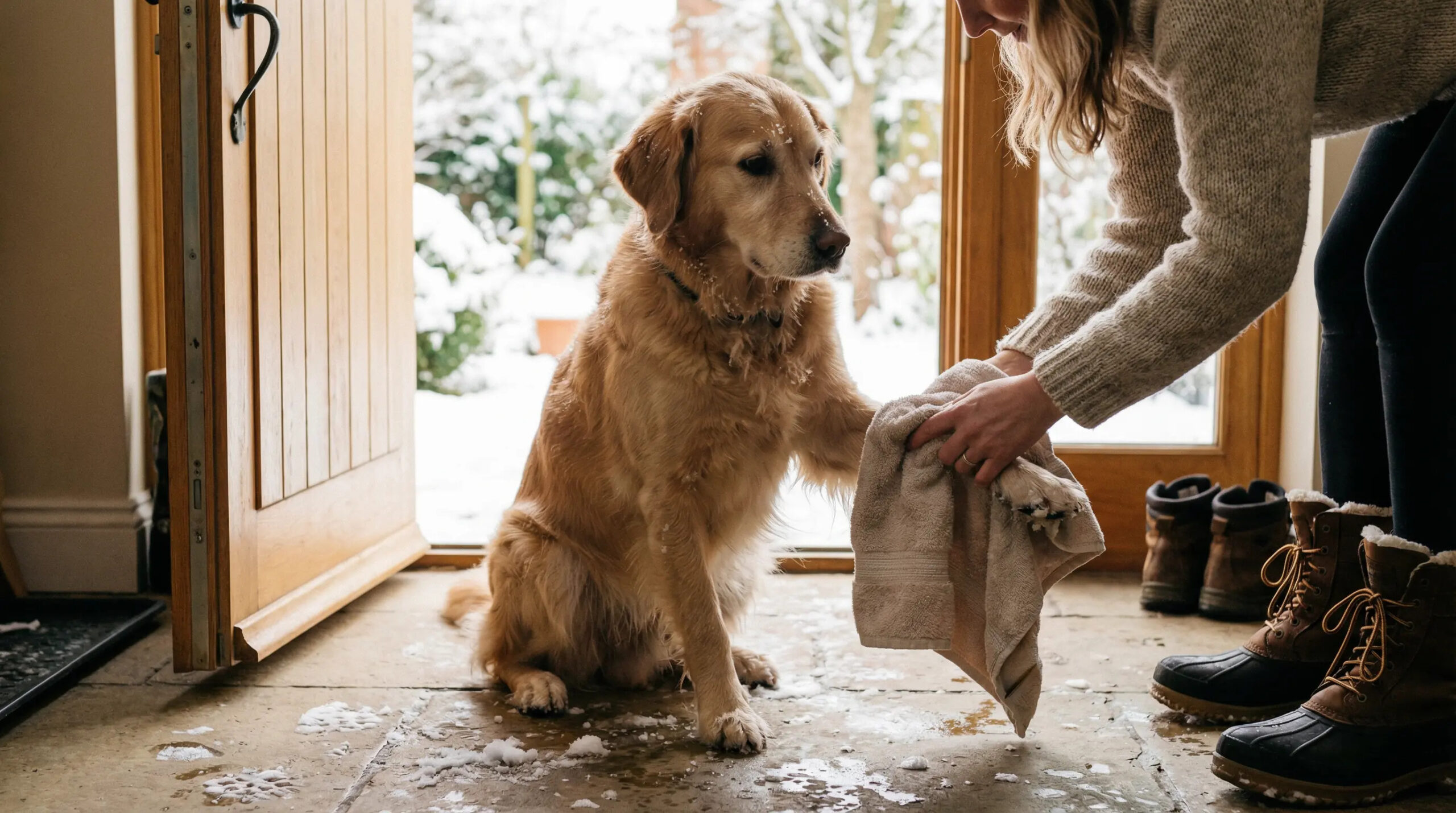 Opiekun delikatnie wyciera łapy średniej wielkości psa po zimowym spacerze; pies stoi przy wejściu do domu, na podłodze widoczne ślady śniegu, ciepłe wnętrze kontrastuje z zimnym otoczeniem na zewnątrz, atmosfera troski i bezpieczeństwa.