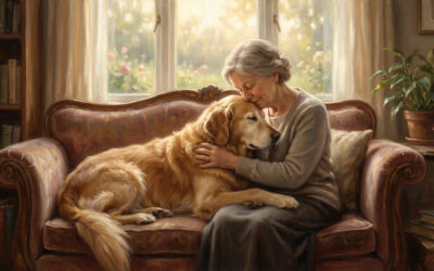 Starsza kobieta tuli swojego ukochanego psa na kanapie w domu. Spokojna i pełna uczucia atmosfera.