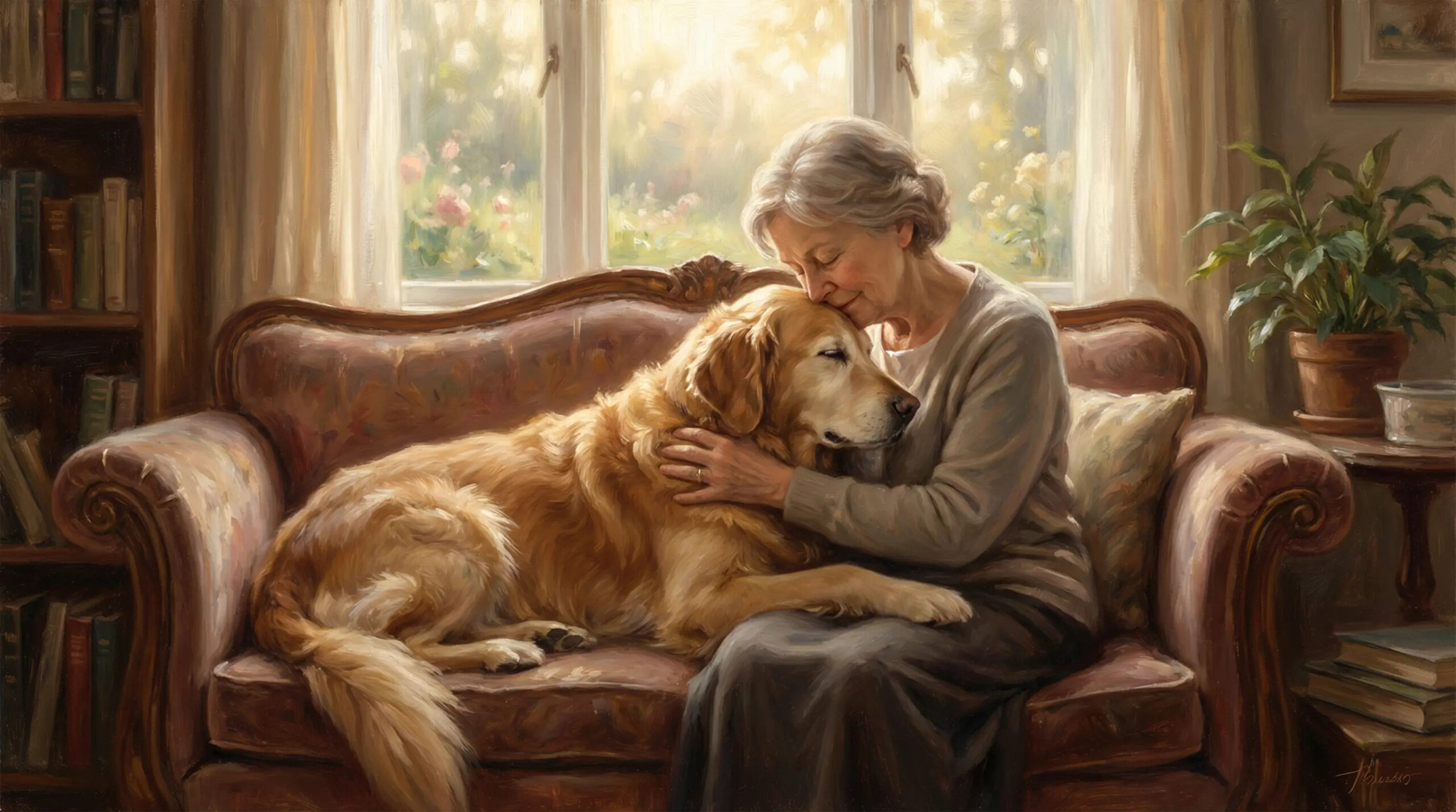 Starsza kobieta tuli swojego ukochanego psa na kanapie w domu. Spokojna i pełna uczucia atmosfera.