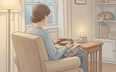 Osoba siedząca w spokojnym, przytulnym wnętrzu domu trzyma obrożę lub kocyk po zmarłym psie lub kocie; obok pali się świeczka symbolizująca pożegnanie i żałobę.