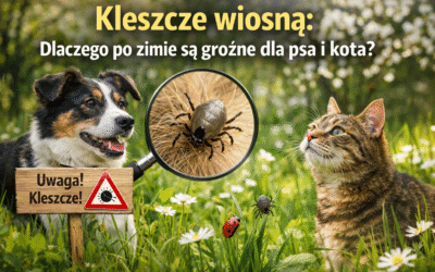 Grafika przedstawiająca psa i kota na trawie z ostrzeżeniem przed kleszczami na wiosnę.