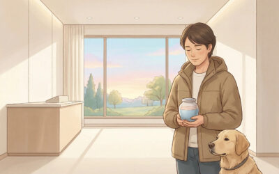 Opiekun zwierzęcia stoi w jasnym, uporządkowanym wnętrzu krematorium dla zwierząt, trzymając niewielką urnę; przez okno widać drzewa i niebo, a cała scena ma spokojny, godny charakter.