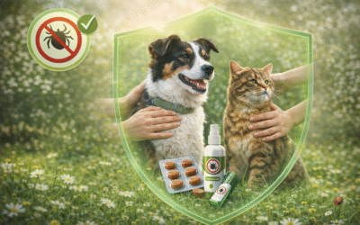 Pies i kot na łące otoczeni symbolem ochronnej tarczy – ilustracja przedstawiająca profilaktykę przeciw kleszczom i bezpieczeństwo zwierząt dzięki preparatom ochronnym.