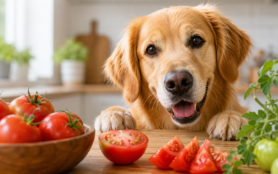 Golden retriever opiera łapy o drewniany blat w jasnej kuchni i z zaciekawieniem patrzy na dojrzałe czerwone pomidory leżące w misce oraz pokrojone na desce. Obok znajdują się gałązki pomidora z zielonymi i czerwonymi owocami, co nawiązuje do tematu bezpiecznego podawania pomidorów psom.