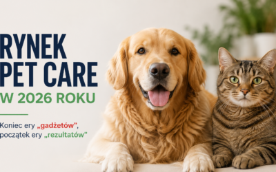 Rynek Pet Care 2026 – grafika przedstawiająca psa i kota oraz hasło „Koniec ery gadżetów, początek ery rezultatów”, ilustrująca zmianę wydatków właścicieli zwierząt na zdrowie, profilaktykę i żywienie premium zamiast zbędnych akcesoriów.