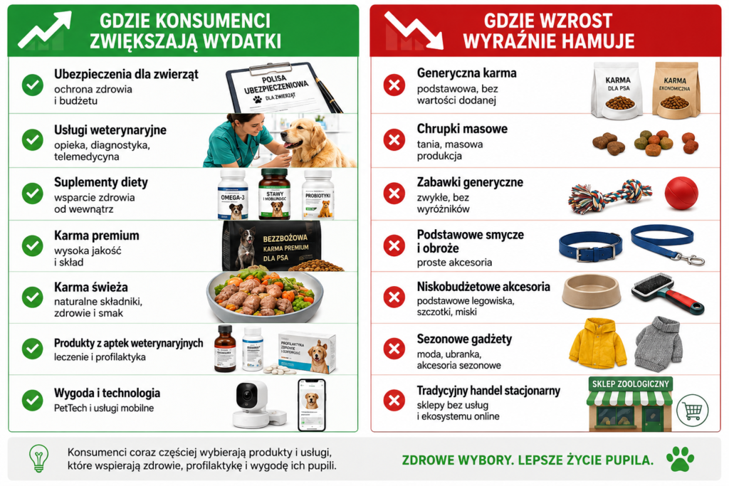 Infografika przedstawiająca zmieniające się trendy na rynku Pet Care w 2026 roku. Po lewej stronie pokazano kategorie, na które właściciele zwierząt wydają coraz więcej – ubezpieczenia dla zwierząt, usługi weterynaryjne, suplementy diety, karmę premium, świeżą karmę, produkty z aptek weterynaryjnych oraz rozwiązania PetTech. Po prawej stronie zaprezentowano segmenty o malejącym wzroście sprzedaży, takie jak generyczna karma, tanie chrupki, podstawowe zabawki, smycze, obroże, akcesoria budżetowe, sezonowe gadżety oraz tradycyjny handel stacjonarny.