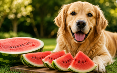 Golden retriever leżący na trawie obok pokrojonego arbuza w letnim ogrodzie. Soczyste kawałki arbuza bez skórki i pestek symbolizują bezpieczną, orzeźwiającą przekąskę dla psa podczas upalnych dni.